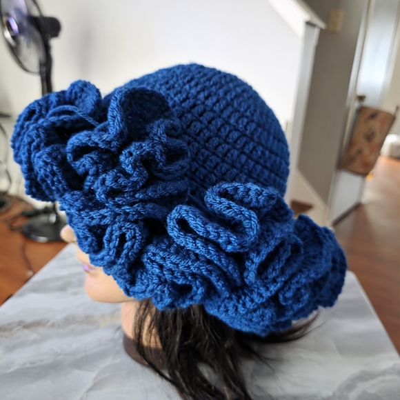Elegant Blue Crochet Ruffle Hat - Picture 3 of 5